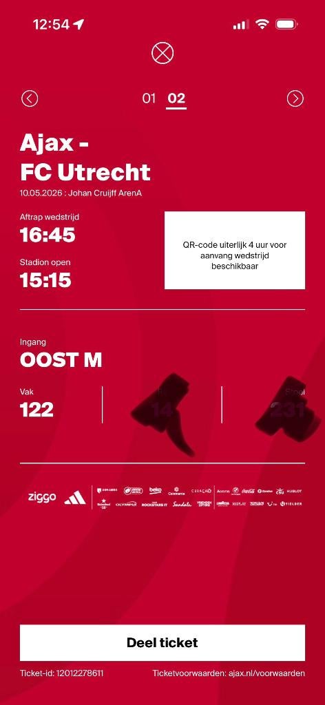 Ajax - FC Utrecht 2 kaartjes naast elkaar Vak 122, Seizoenskaart, Twee personen, Mei
