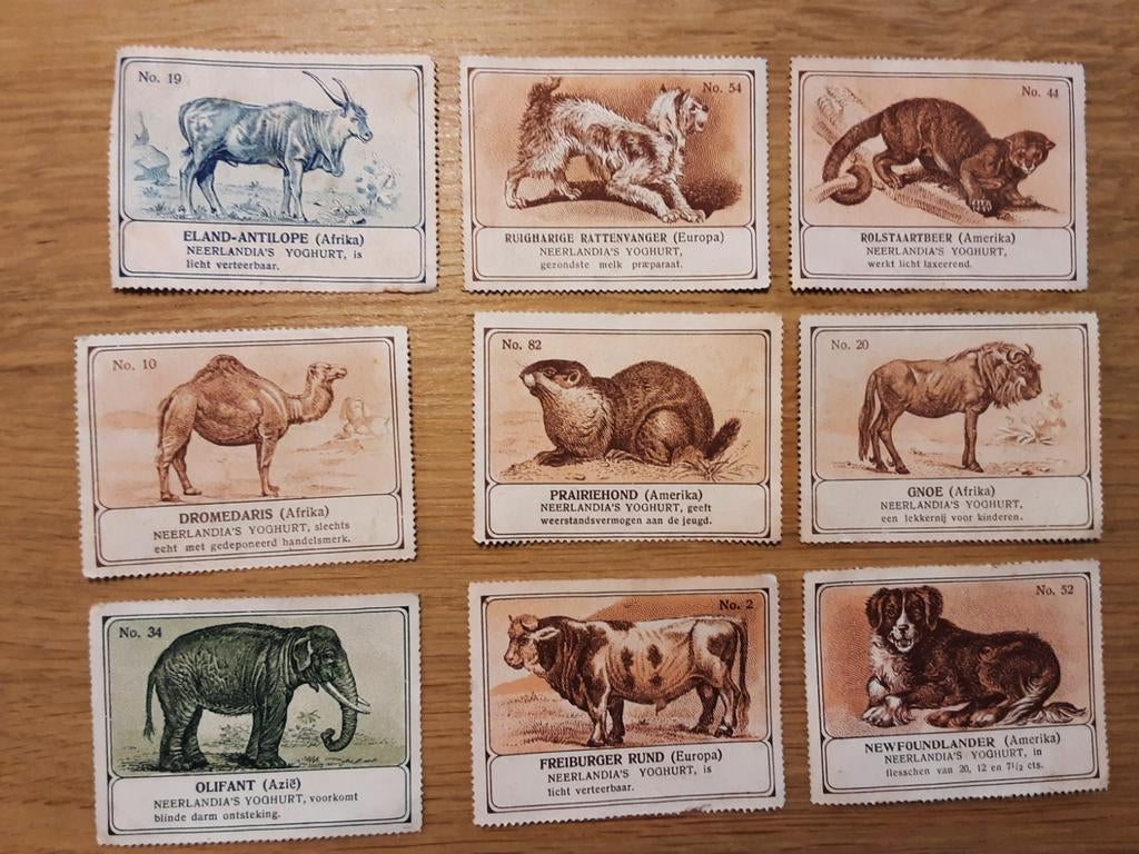 9 Sluitzegels Melkfabriek "Neerlandia" Weesp serie dieren, Ophalen of Verzenden