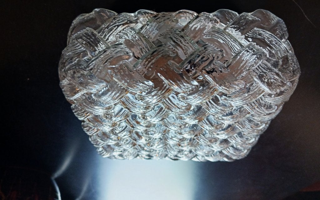 Vintage Vierkant Gevlochten IJsglas Plafonnière / Jaren 70, Gebruikt, Plafondlamp, Glas, Mid-century modern