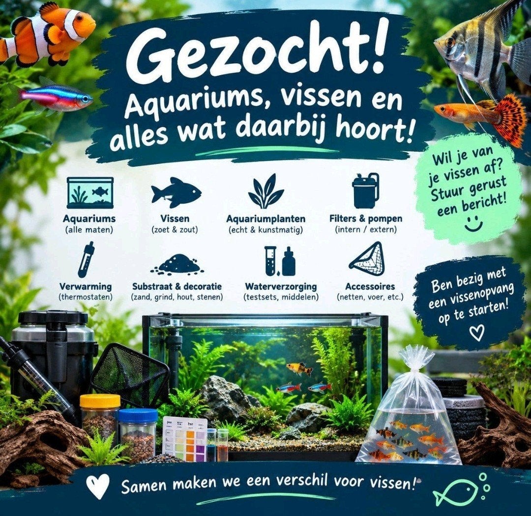 GEZOCHT aquariums, vissen, garnalen en alle toebehoren, Ophalen of Verzenden