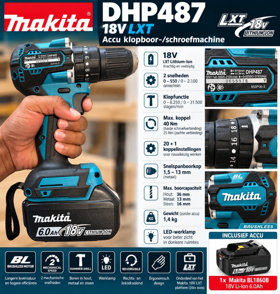 Makita DHP487 18V LXT – Brushless + 6.0Ah accu