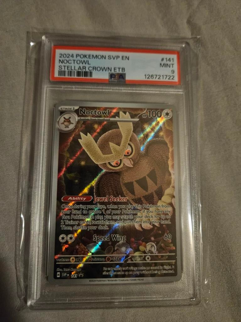 Noctowl Stellar Crown ETB Promo PSA 9 Pokémon Kaart, Ophalen of Verzenden, Zo goed als nieuw