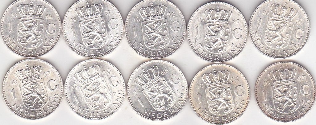 GULDEN JULIANA 1954-55-56-57-58 - 63-64 -65 - 66 - 67, Postzegels en Munten, Munten | Nederland, Ophalen of Verzenden, Koningin Juliana