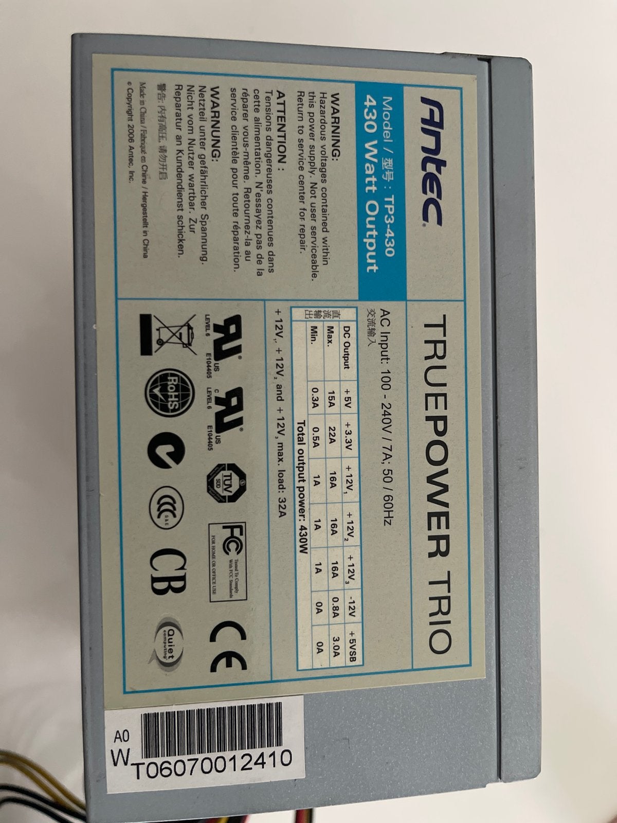 Antec TruePower Trio 430W Voeding voor PC, Ophalen of Verzenden, Gebruikt