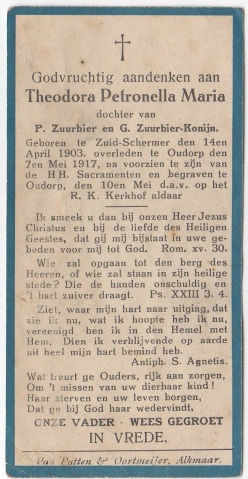 Theodora P.M. Zuurbier 1903 Zuid-Schermer + 1917 Oudorp, Verzenden