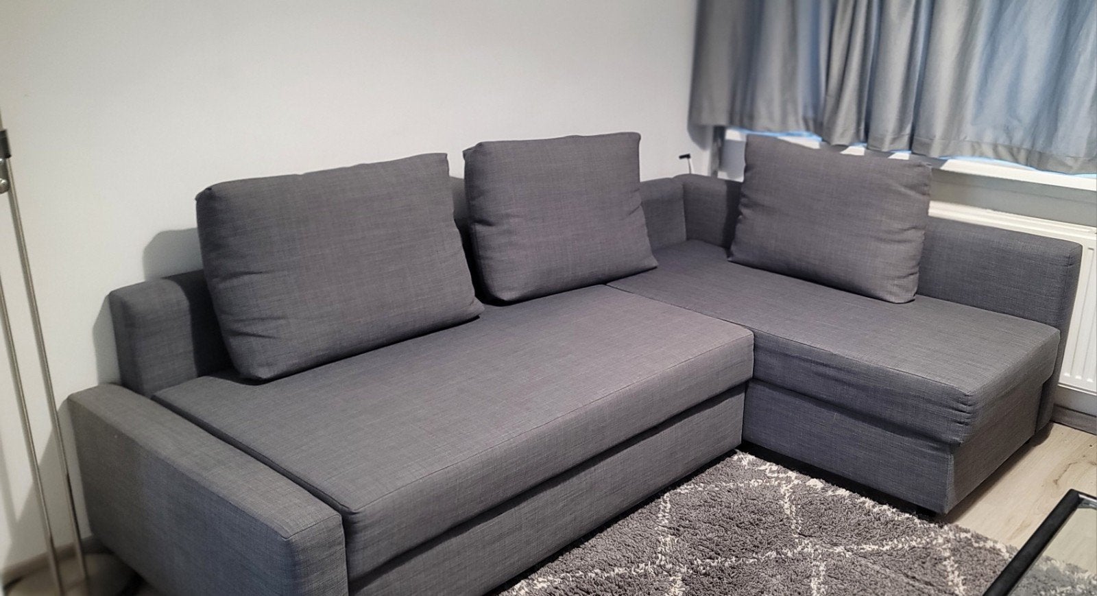 IKEA Grijze hoekbank met opbergruimte en slaapfunctie, 125 tot 150 cm, Hoekbank, Driepersoons, Ophalen of Verzenden