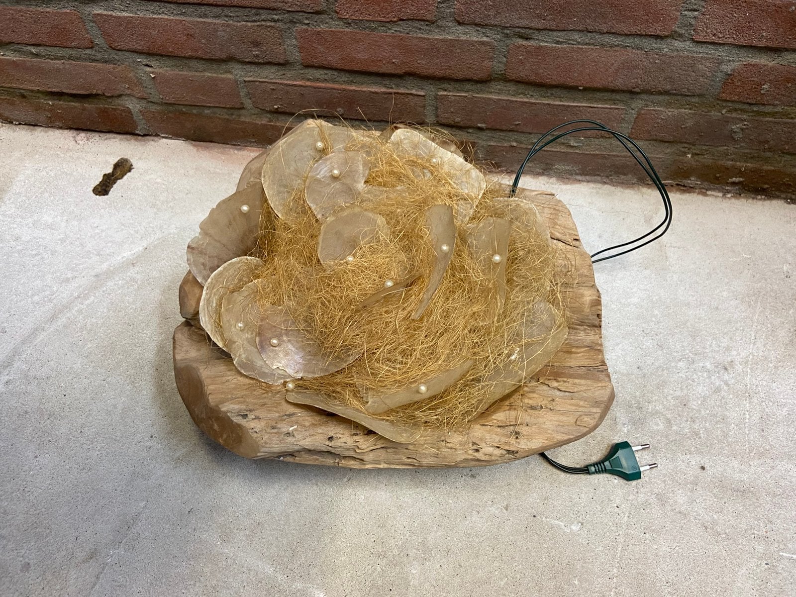 Houten schaal met schelpen en lichtjes, Ophalen, Rond, Hout