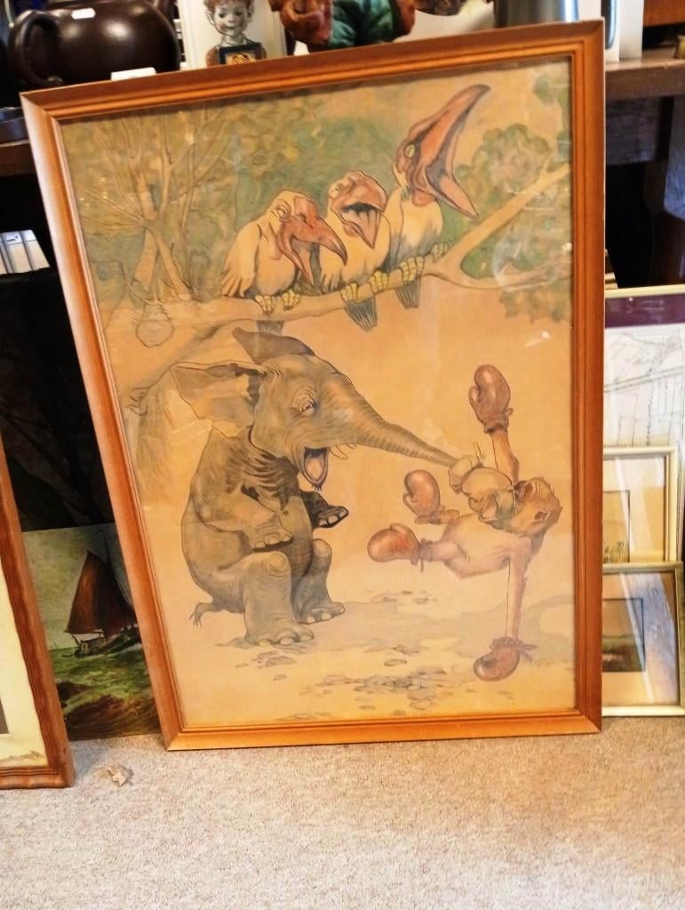 De Knock-out: Oude Prent met Olifant en Bokser Study, Verzamelen, Ophalen of Verzenden, Voor 1940, Gebruikt
