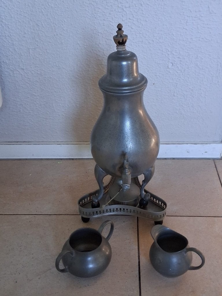 Antieke tinnen kraantjeskan met toebehoren, Antiek en Kunst, Ophalen