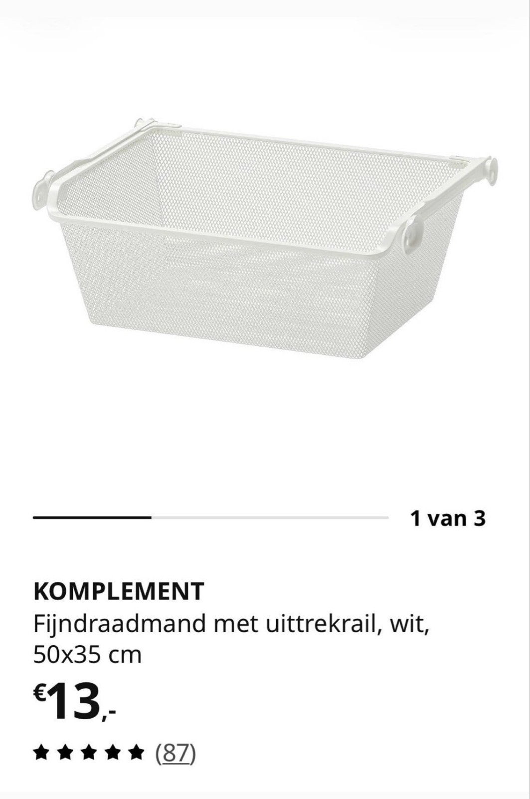 IKEA KOMPLEMENT Fijnraadmand met uittrekrail, wit, 50x35 cm, Ophalen, 50 tot 100 cm, Zo goed als nieuw, Minder dan 100 cm