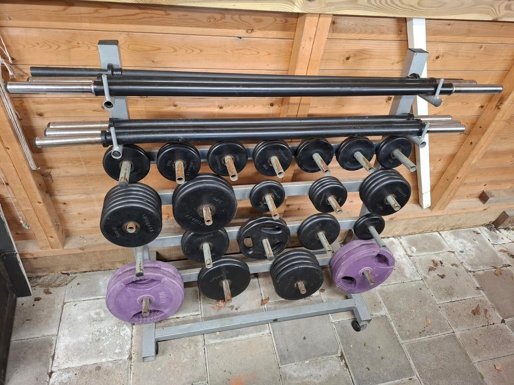 Bodypump 149kg gewichten , plus rek met stangen & gewichten, Ophalen of Verzenden