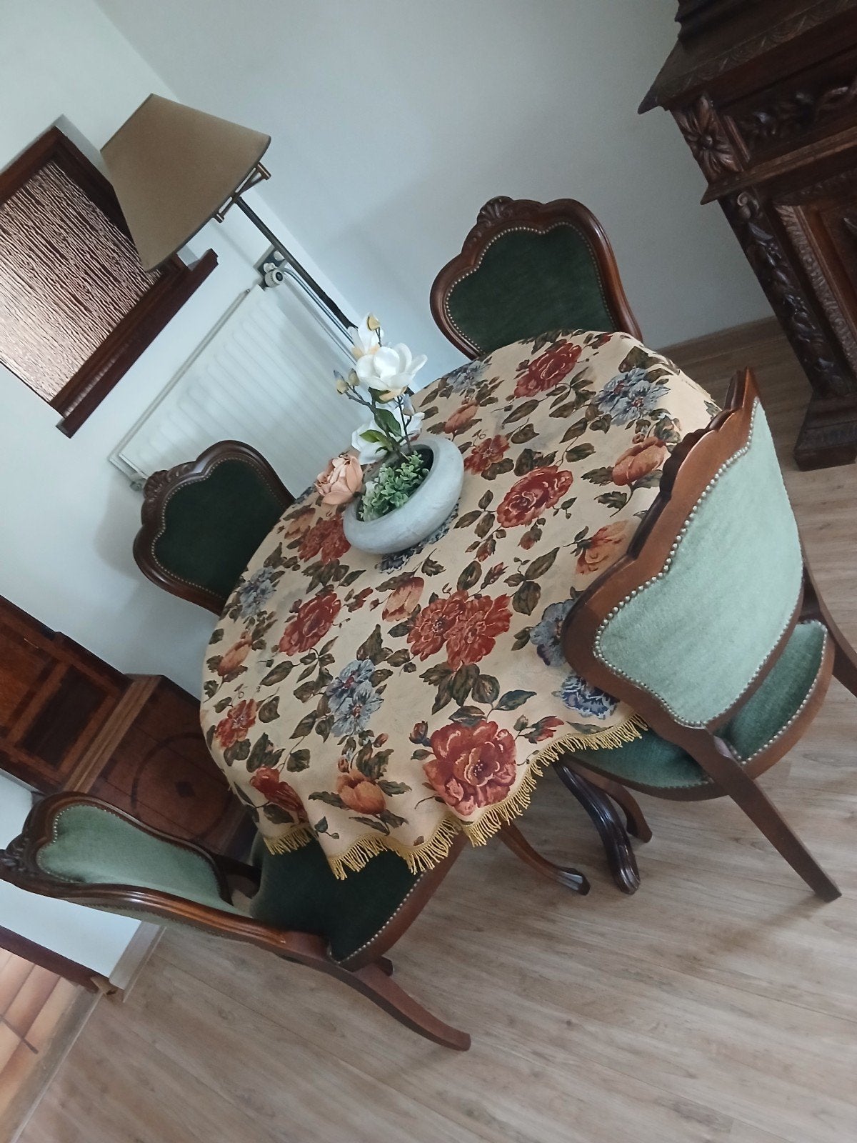 Antieke eettafel met 4 stoelen - Groen fluweel, Ophalen