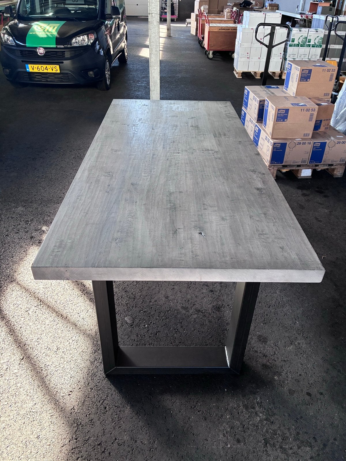 Massief eikenhouten tafel - Donkergrijs, 220x100cm, Ophalen, Gebruikt, 100 tot 150 cm, Eikenhout
