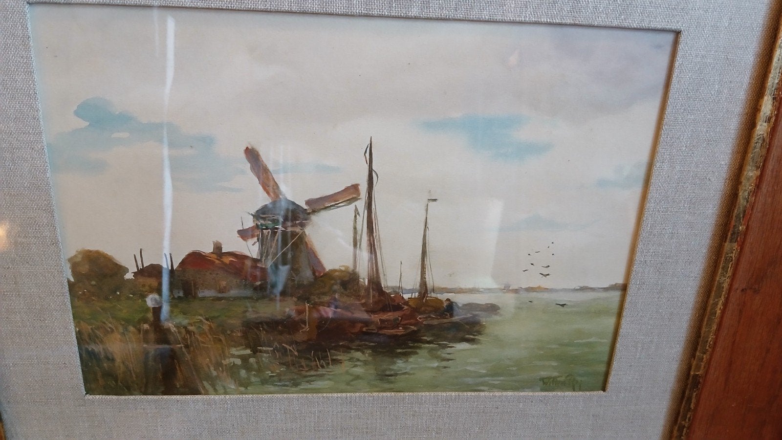 Aquarel Willem Rip Molen, boten in landschap aan het water, Ophalen of Verzenden