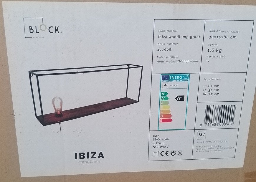 Ibiza wandlamp 80x15x30cm metaal hout, Ophalen, Met schakelaar, Zwart, Nieuw