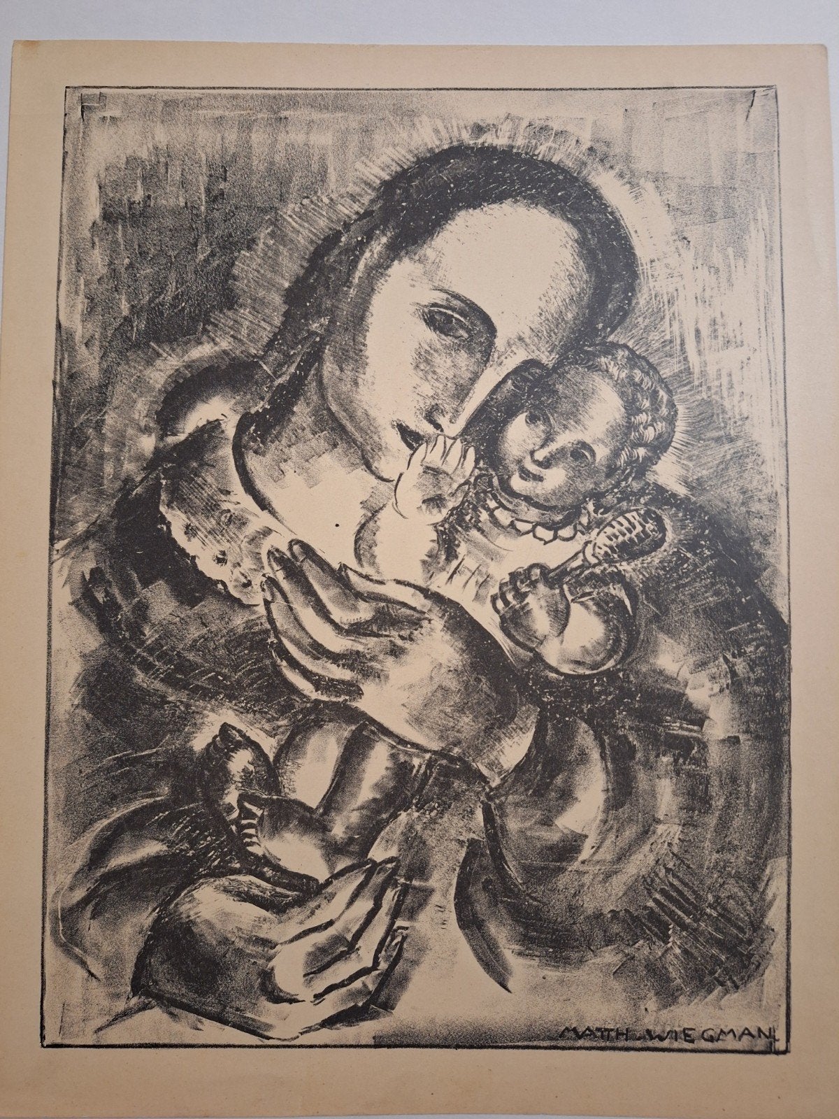 Lithografie Moeder en Kind - Matth. Wiegman, Gesigneerd, Ophalen of Verzenden, Portret en Figuren, Lithografie