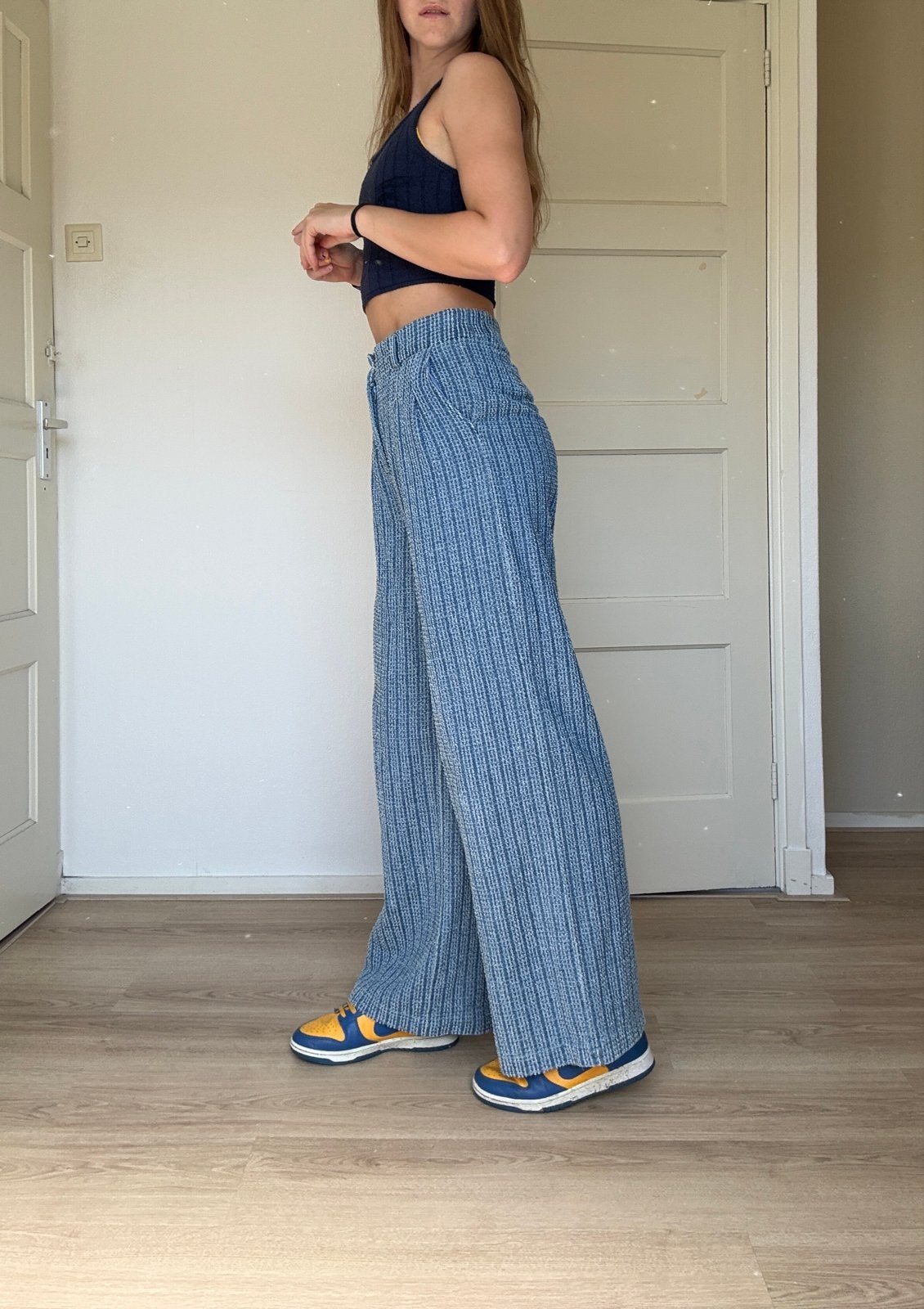 Pieces Blauw Geribbelde Pantalon Lange Broek Maat XS, Blauw, Ophalen of Verzenden, Zo goed als nieuw, Maat 34 (XS) of kleiner