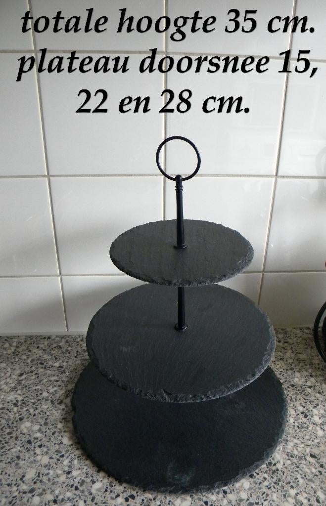 ETAGERE LEISTEEN 3 PLATEAUS MET KAASMESJES, Ophalen of Verzenden, Gebruikt