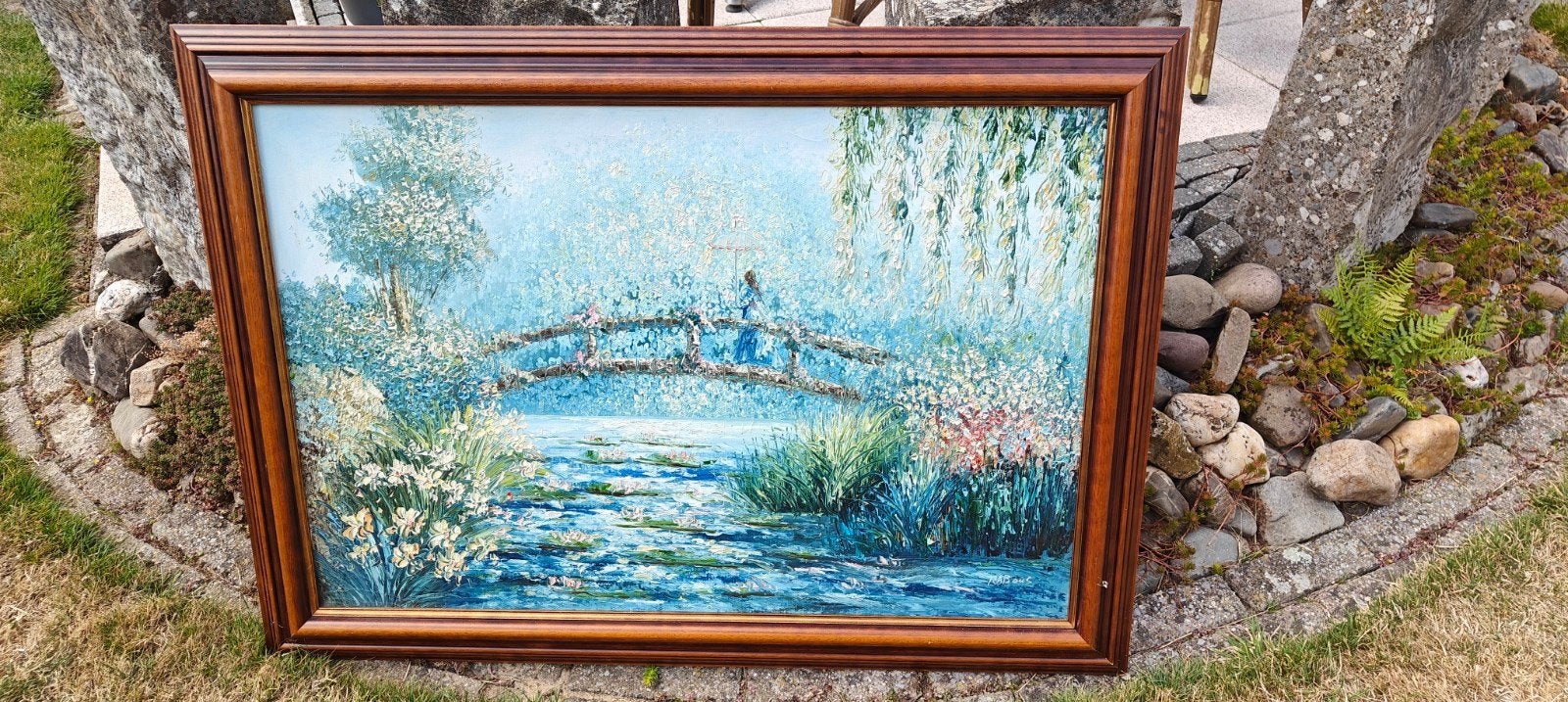 Groot olieverfschilderij: Monet-stijl brug en waterlelies, Antiek en Kunst, Kunst | Schilderijen | Klassiek, Ophalen, Acrylverf