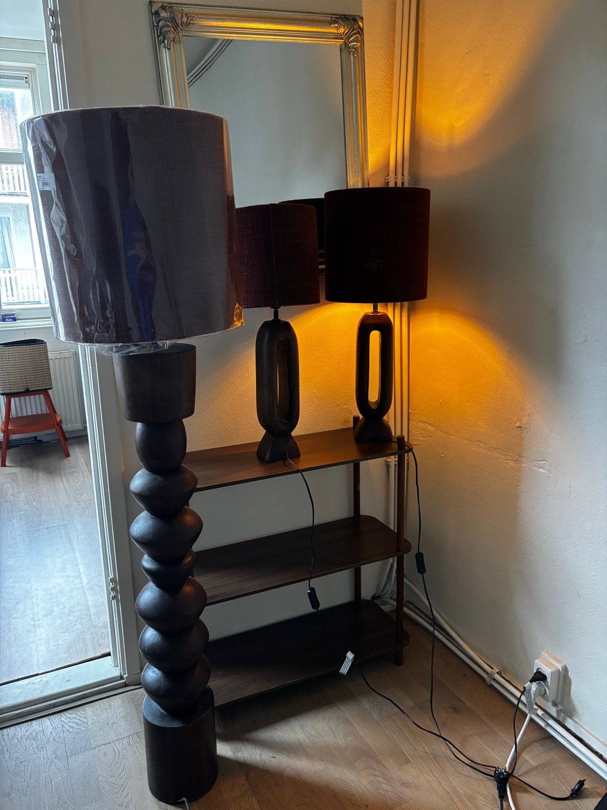 Set van 3 houten lampen: 1 vloerlamp, 2 tafellampen, Ophalen, 200 cm of meer, E27 (groot), Zo goed als nieuw