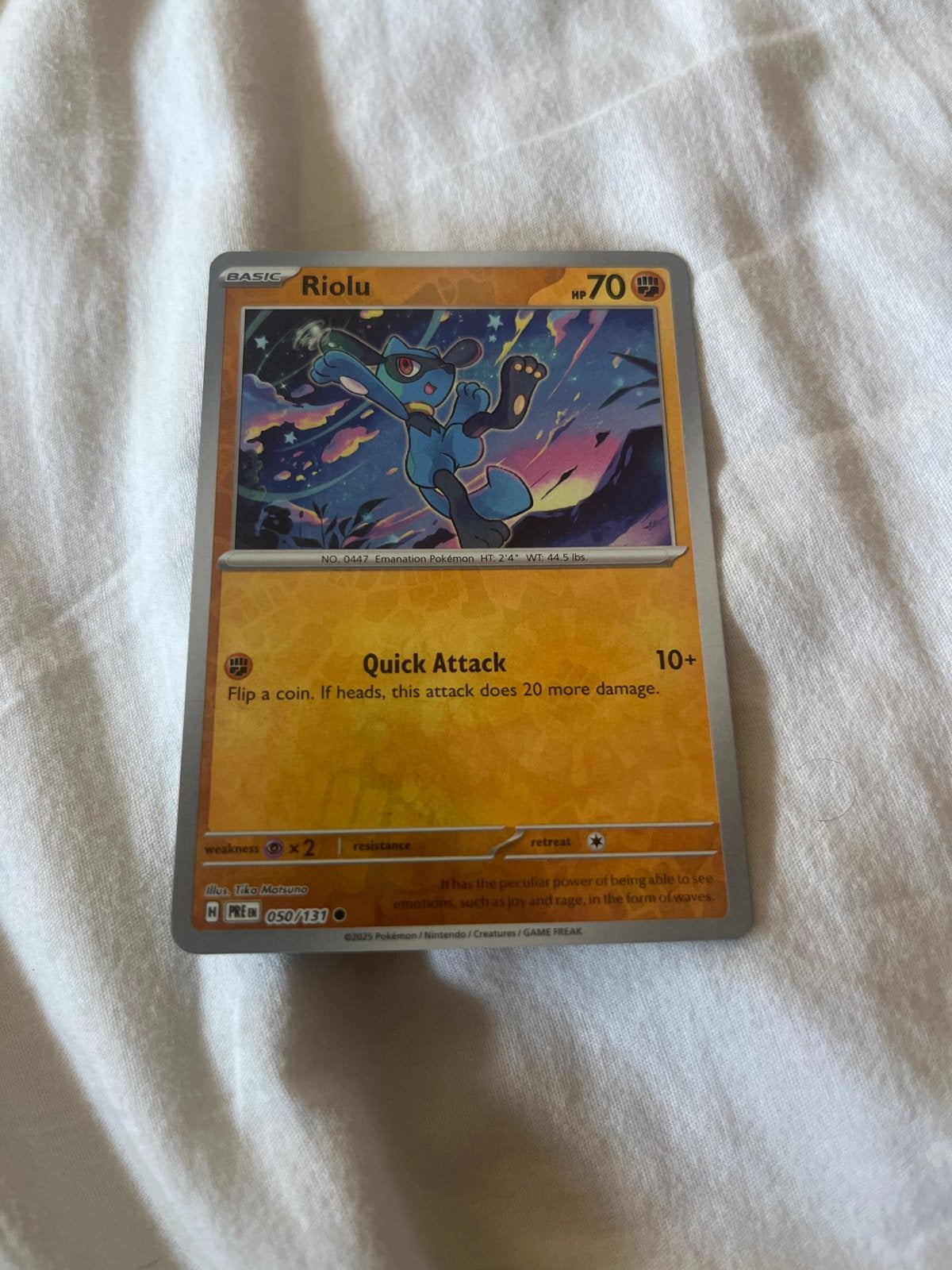 Pokémon Kaart Riolu 050/131 - Reverse holo, Ophalen of Verzenden, Zo goed als nieuw, Losse kaart