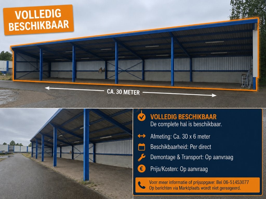 Gebruikte kapschuur / overkapping 30 x 6 m| Staalconstructie, Ophalen of Verzenden, Gebruikt