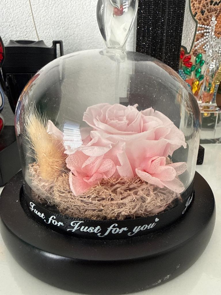 Roze rozen in glazen stolp - Eeuwige bloemen decoratie, Roze, Ophalen of Verzenden, Zo goed als nieuw, Modern