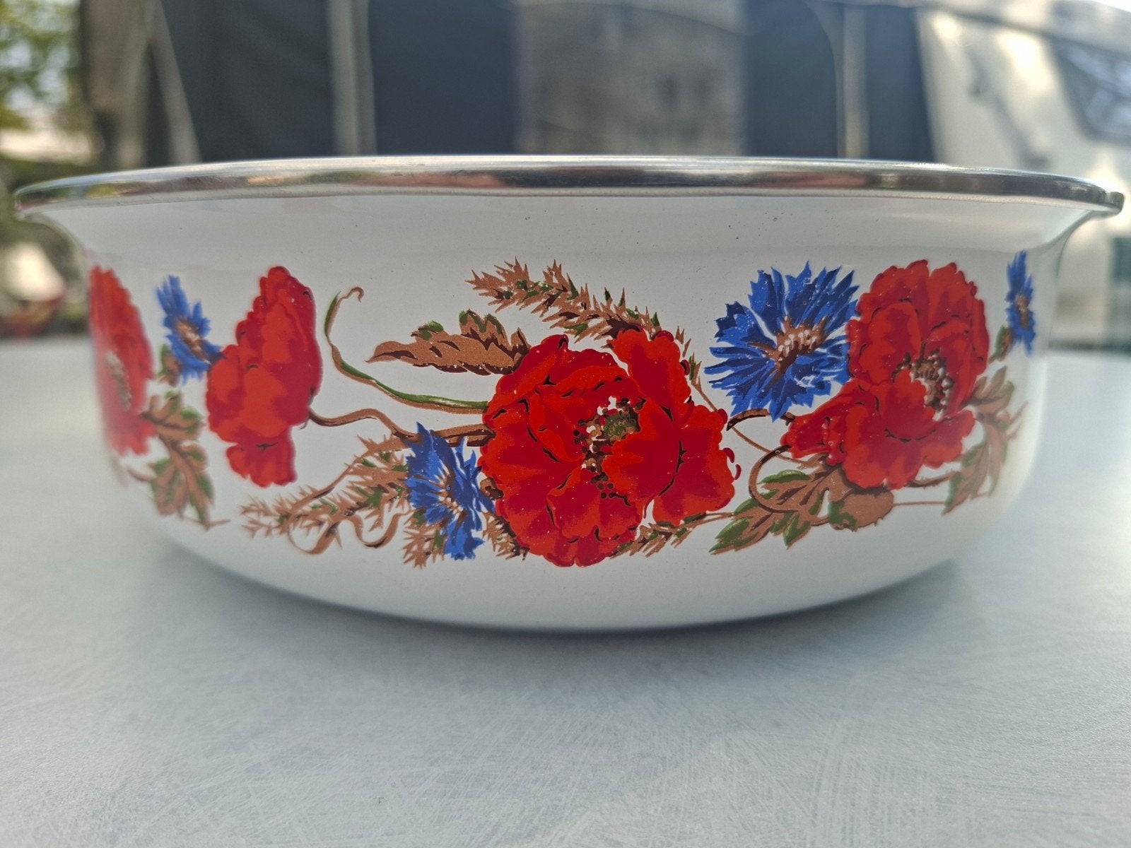 Vintage DDR emaille schaal met klaprozen en korenbloemen, Ophalen of Verzenden