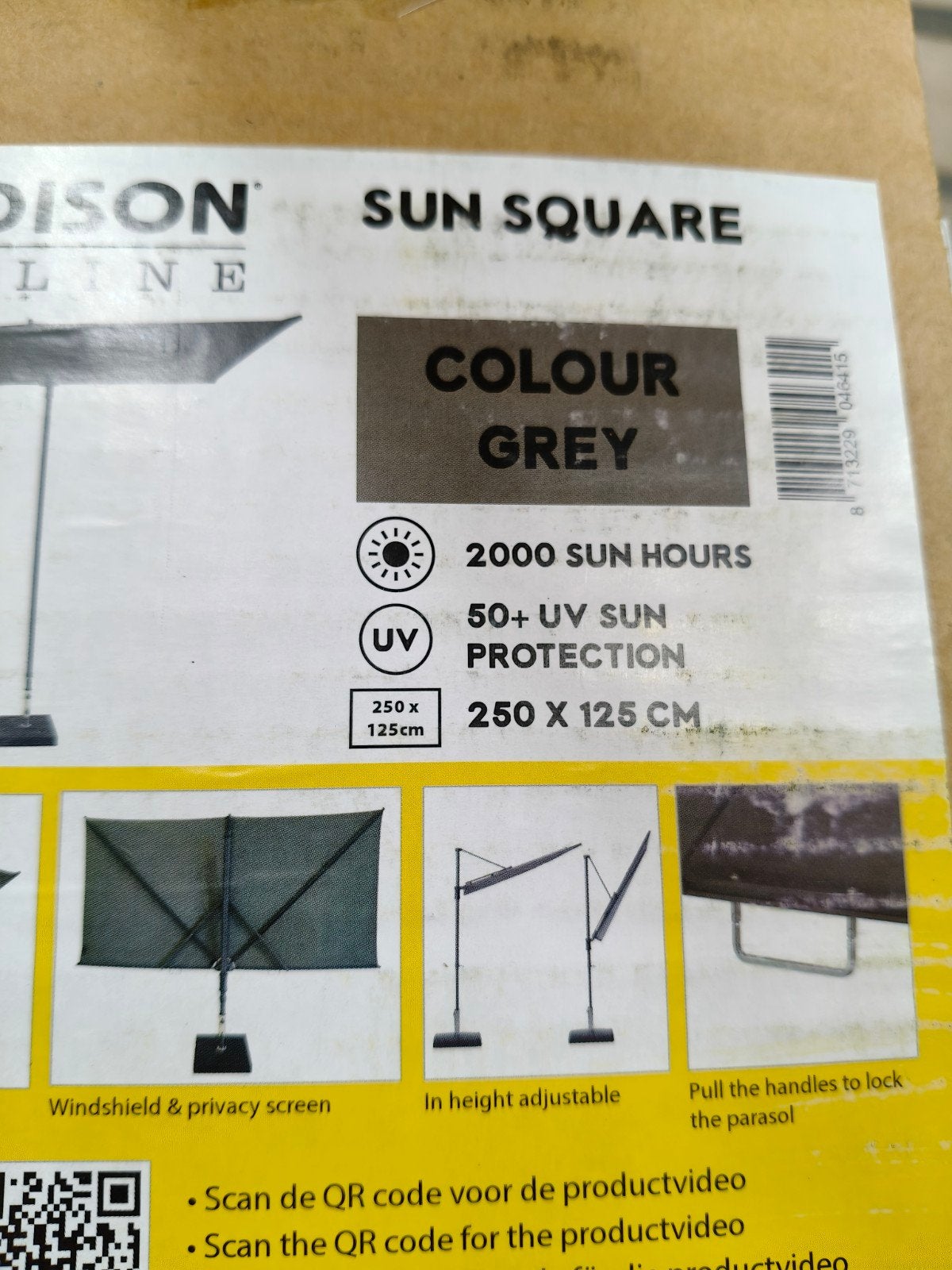 Madison Sun Square Balkonparasol Grijs 250x125cm, Ophalen