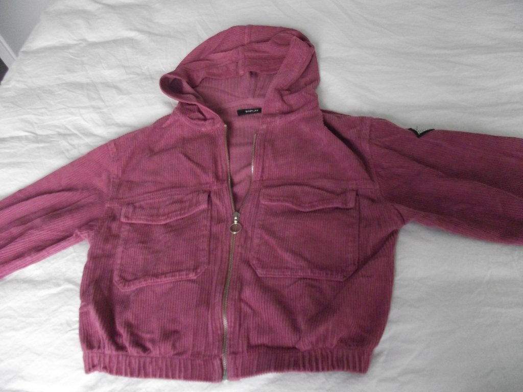 roze rib jas grote zakken capuchon met glitter Replay 164, Ophalen of Verzenden, Zo goed als nieuw, Jas, Meisje