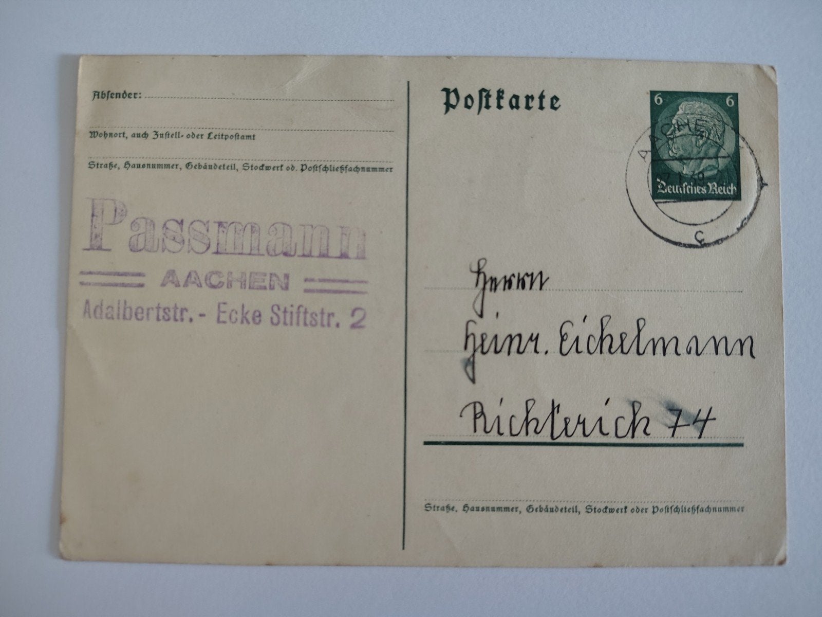 Duitse Rijk Postwaardestuk Passmann AACHEN, Ophalen of Verzenden, Duitse Keizerrijk