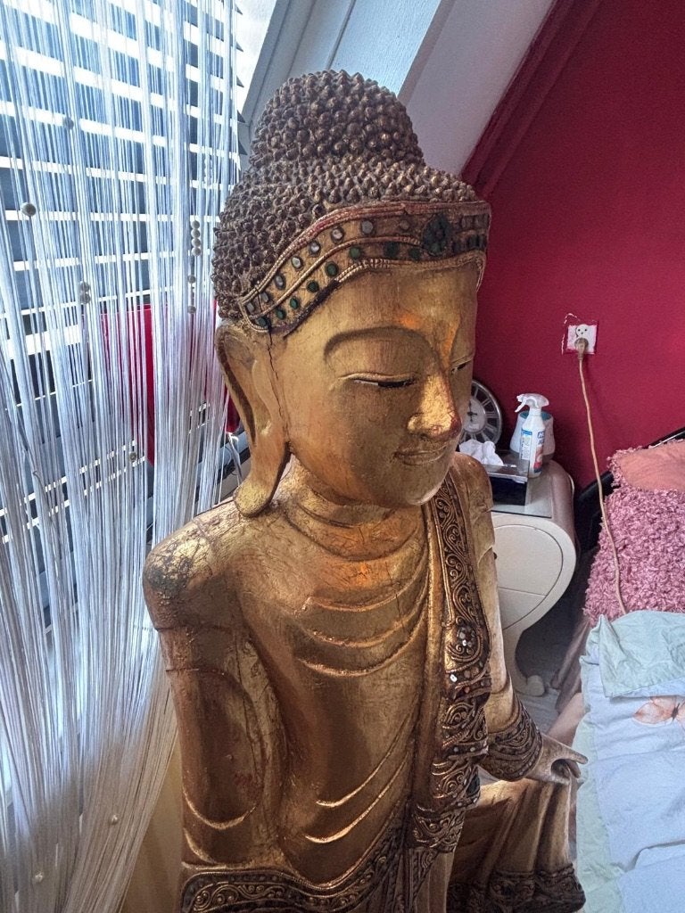 Grote en Prachtige - Houten / Gouden - Buddha Beeld - 140cm, Nieuw, Ophalen of Verzenden, Houtsnijwerk, Goud