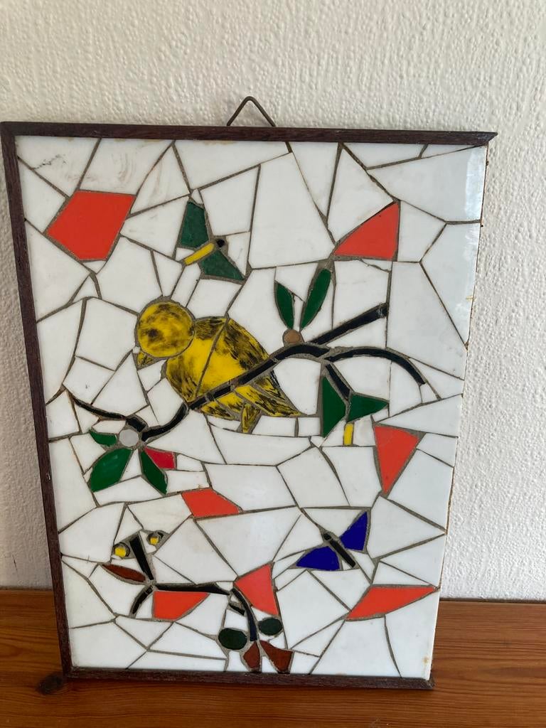 Mooi mozaïek “ vogel op een tak “  glas in gips, Ophalen