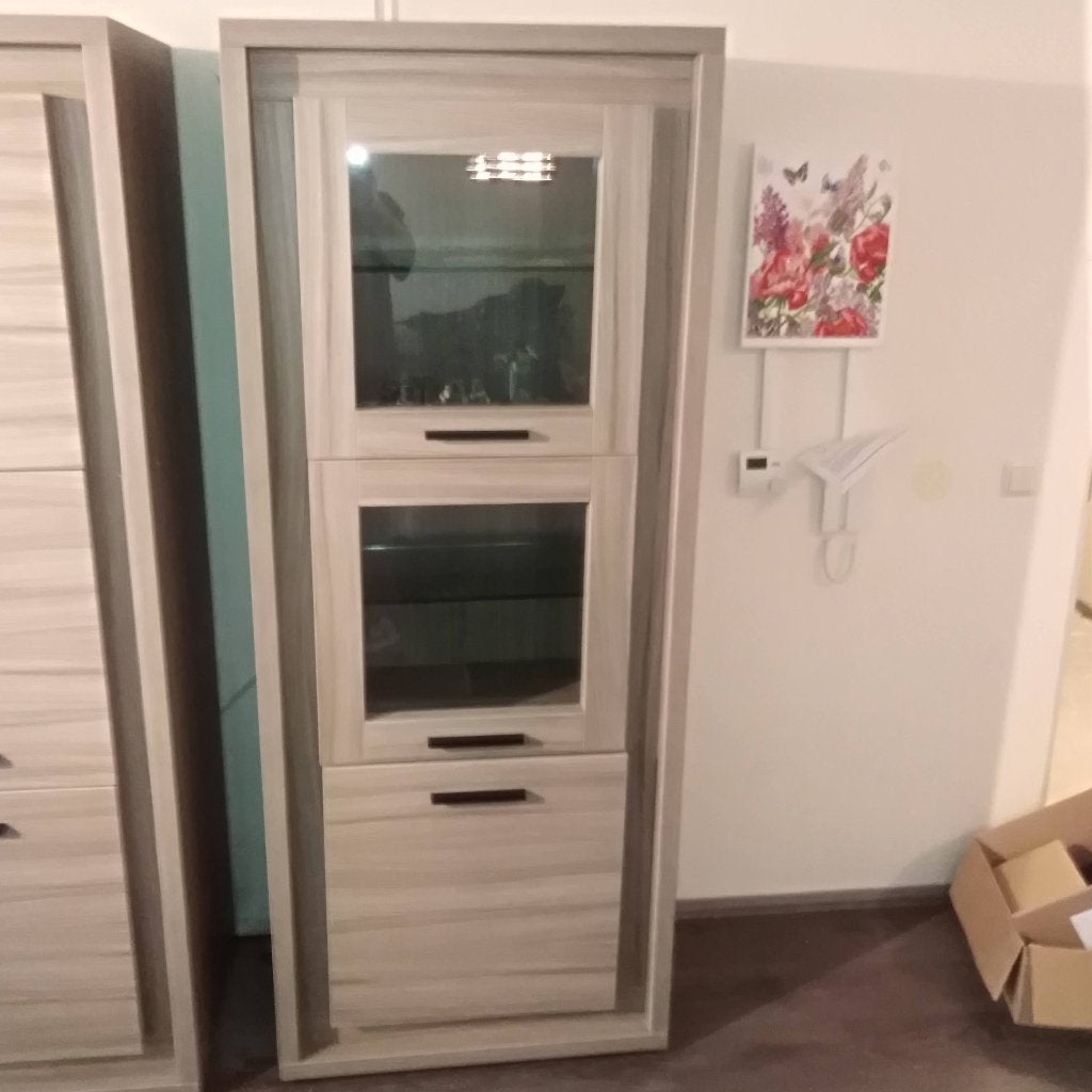Vitrinekast  met een lichtgrijze houtnerfstructuur, Ophalen, 50 tot 100 cm, Glas, 150 tot 200 cm