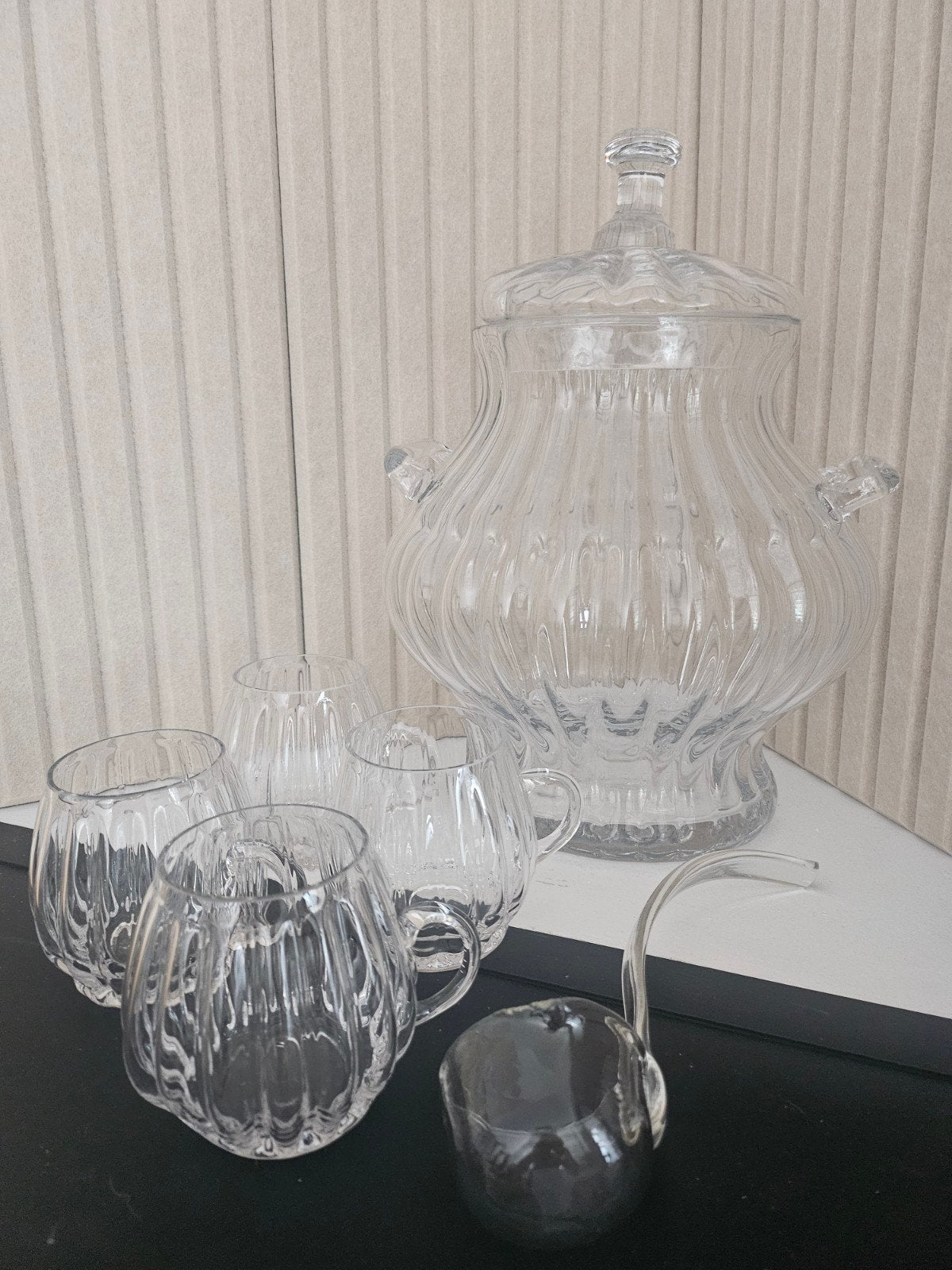 Glazen bowl set met 4 kommen en lepel, Gebruikt, Ophalen of Verzenden, Glas, Kom(men)