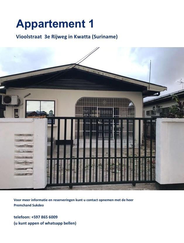 Appartement te huur in Suriname vioolstraat 3e rijweg kwatta, Via bemiddelaar, Paramaribo Suriname, Appartement, 4 kamers