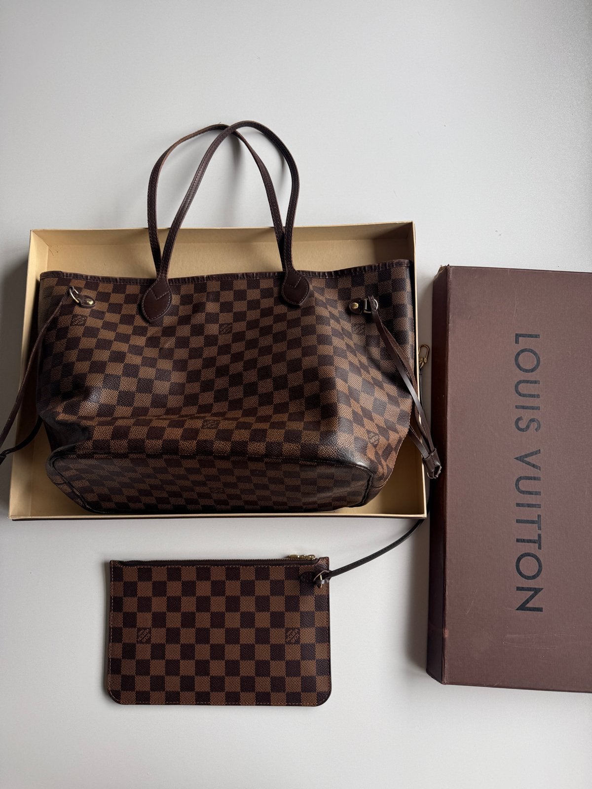 Louis Vuitton Neverfull MM Damier Ebene met Pochette, Ophalen of Verzenden, Gebruikt, Bruin, Shopper