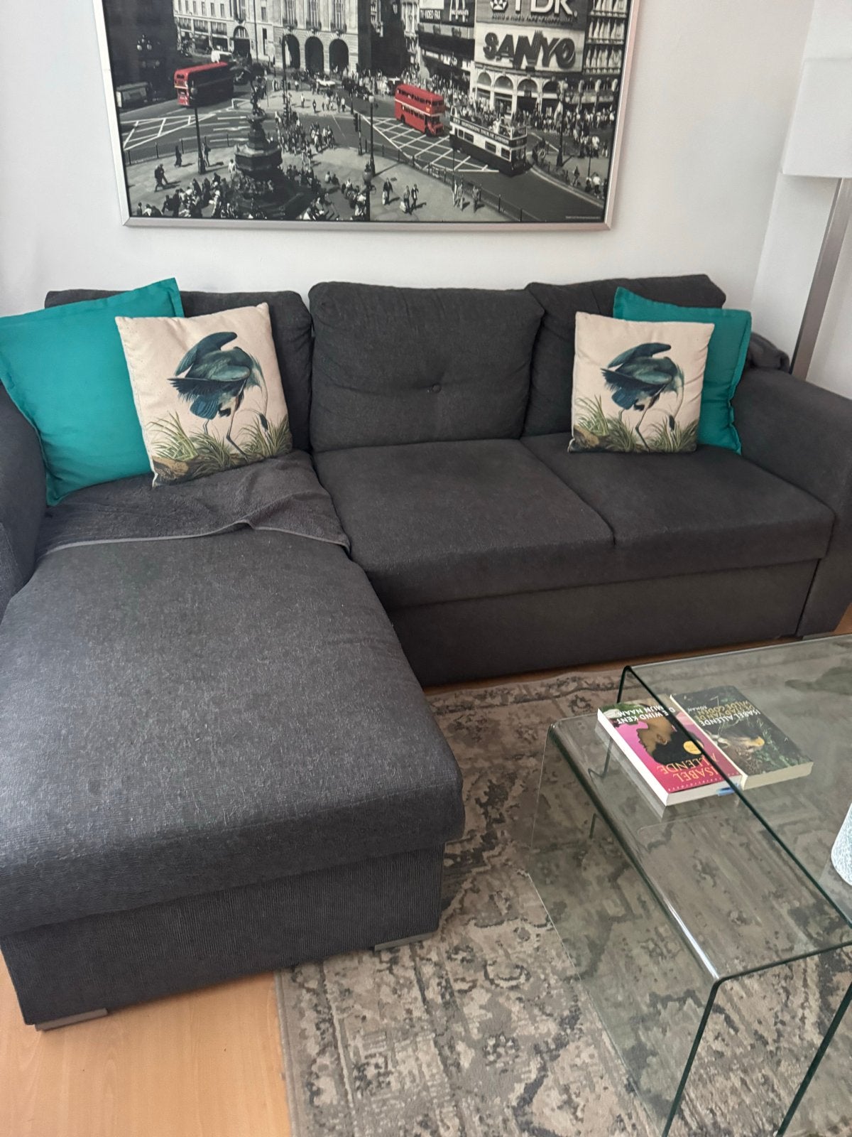 Hoek slaapbank met loungebank, tweepersoons - Antraciet, Ophalen, Gebruikt, Tweepersoons, 140 cm