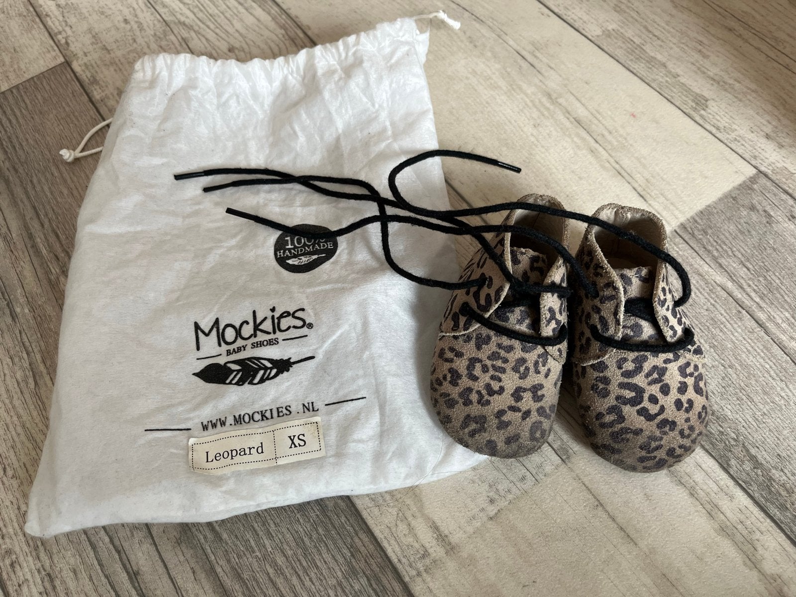 Mockies baby schoentjes suède luipaardprint XS, Ophalen of Verzenden, Gebruikt, Jongetje of Meisje, Schoentjes