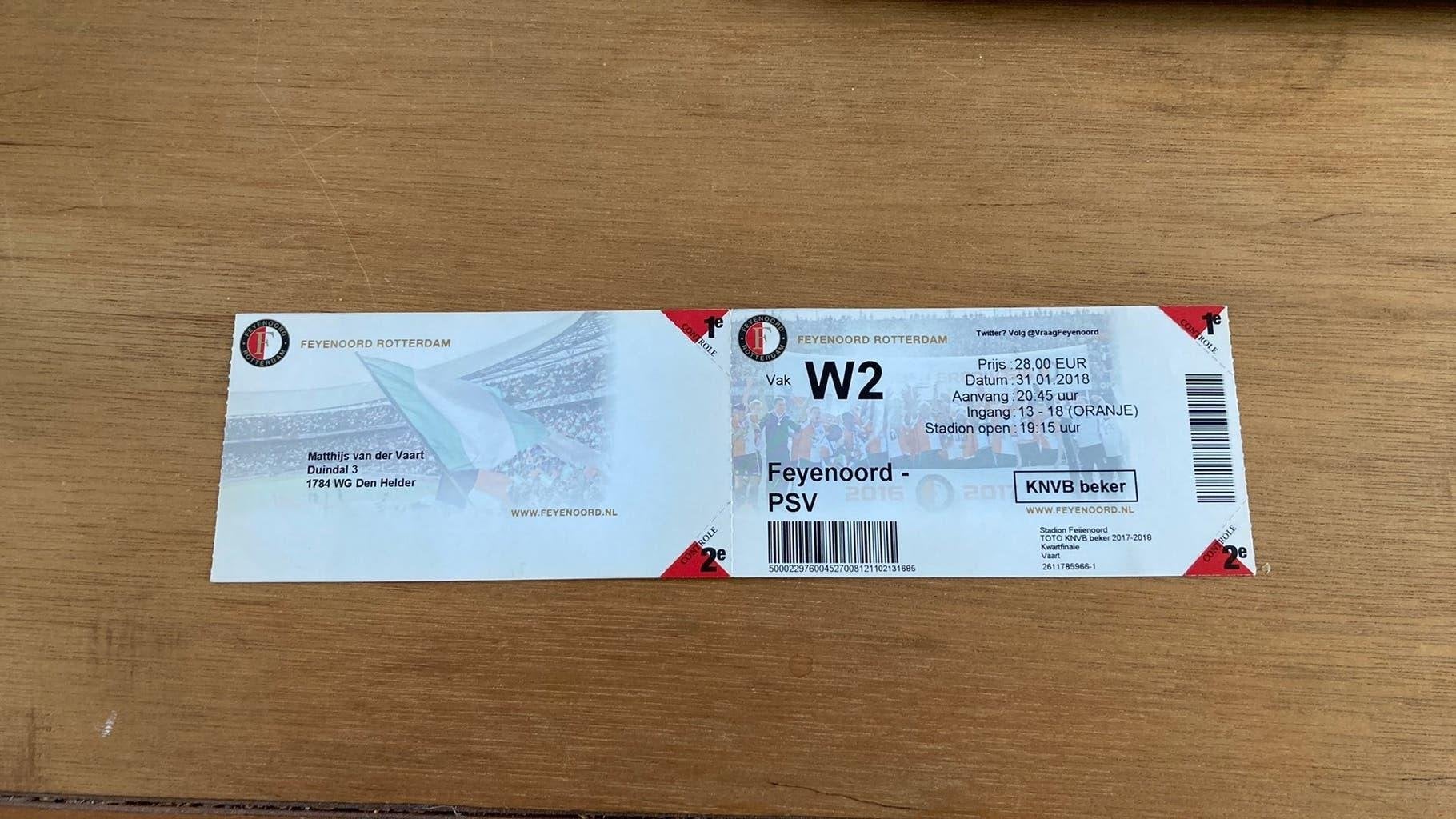 Ticket Feyenoord - PSV knvb beker 31 januari 2018, Ophalen of Verzenden, Zo goed als nieuw, Feyenoord, Overige typen