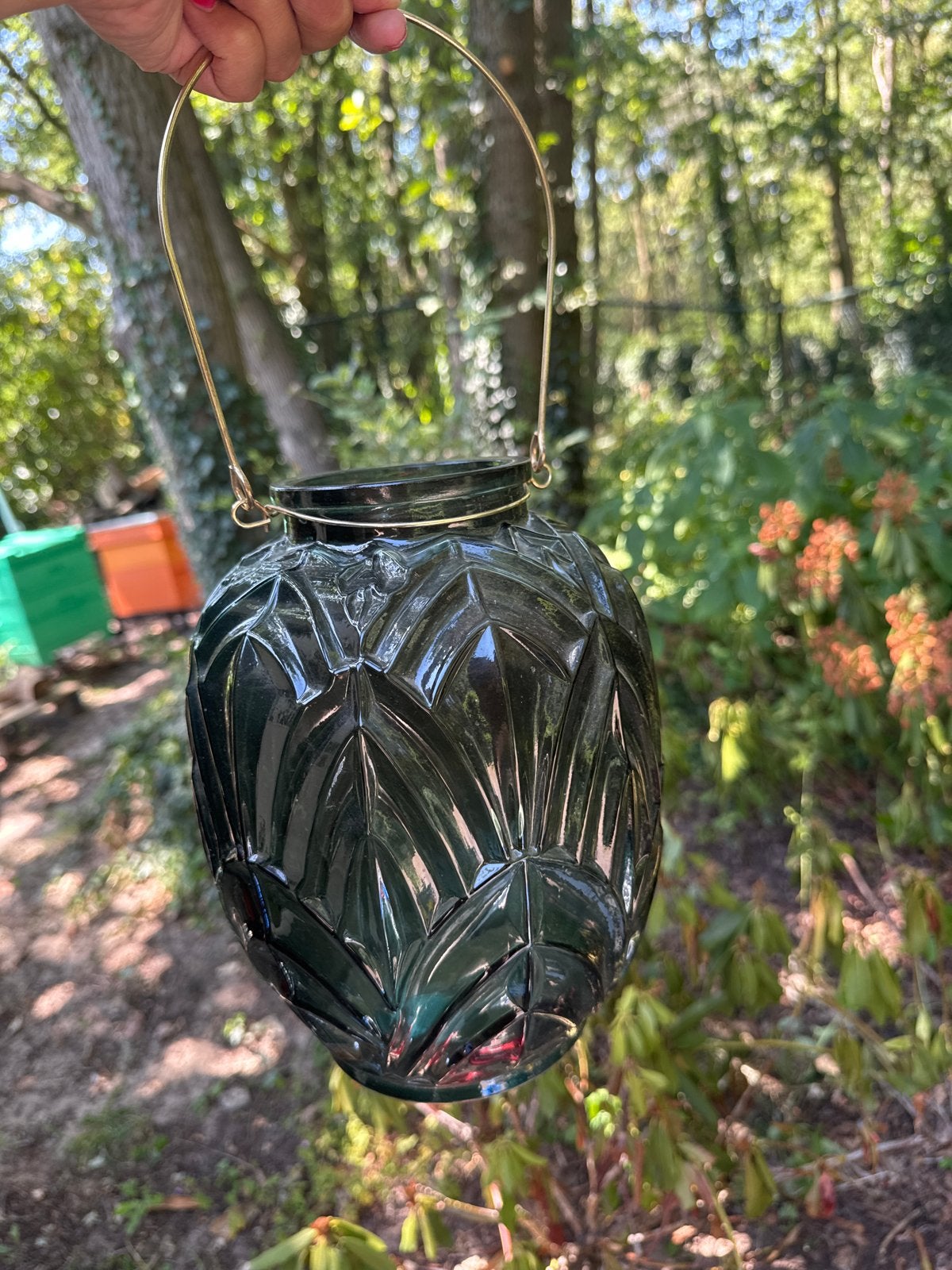 Sfeervolle glazen waxinelichthouder - decoratie, Ophalen, Groen, Gebruikt, Overige stijlen