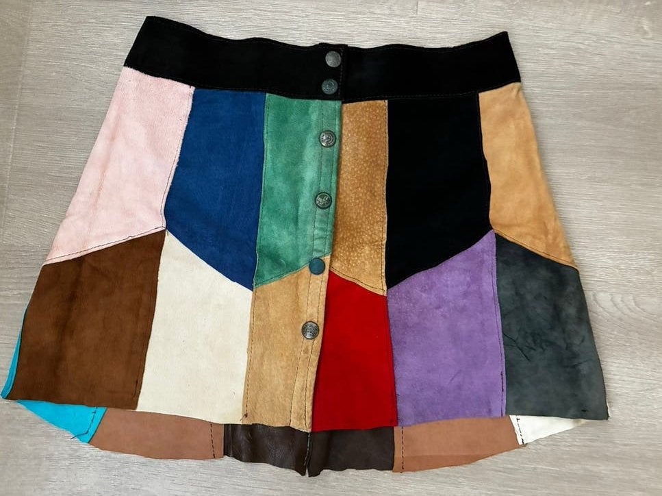 Suède vintage rokje met verschillende kleuren, maat 34, Ophalen of Verzenden, Zo goed als nieuw, Maat 34 (XS) of kleiner, Sjaal
