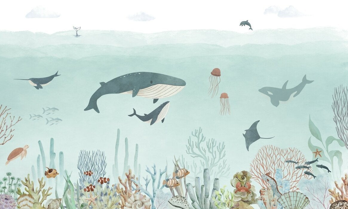 Fotobehang kinderkamer Sensational Sea Zee 3,75x2,3m, Blauw, Ophalen of Verzenden, Fotobehang, 5 tot 10 m²