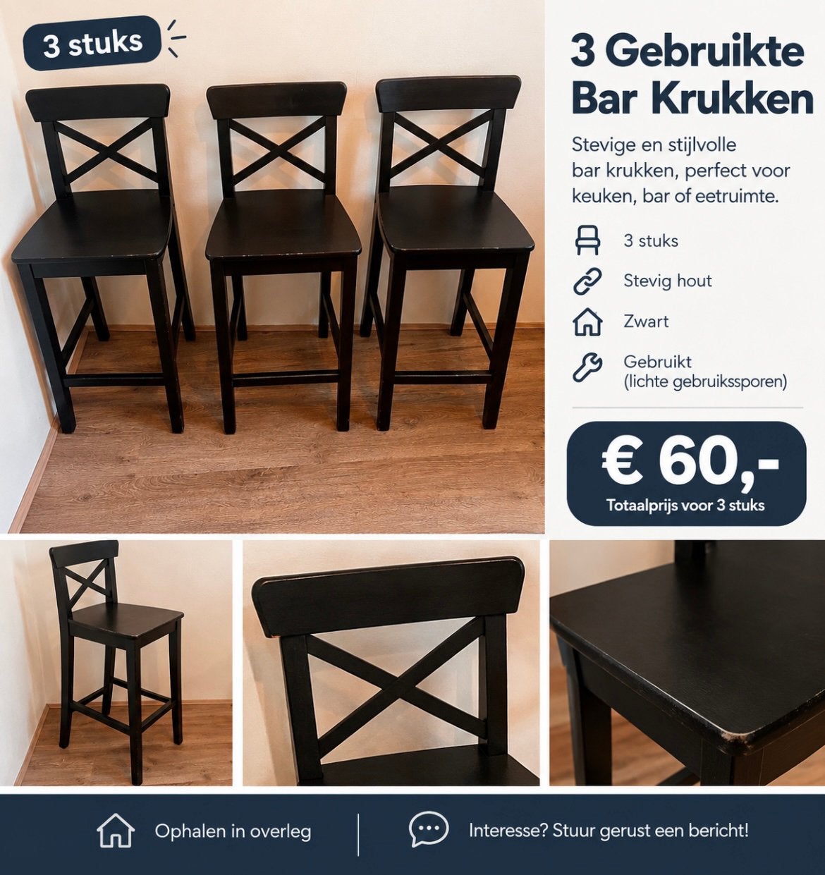 3 barkrukken, 2 krukken, Ophalen, Zo goed als nieuw, 60 tot 90 cm
