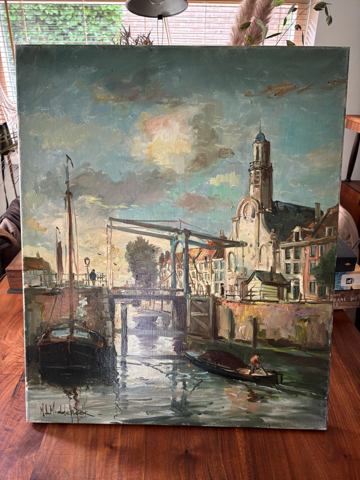 Olieverfschilderij van M.L.M. Middelhoek - Stadsgezicht, Doek, Impressionistisch, Ophalen of Verzenden, Gesigneerd