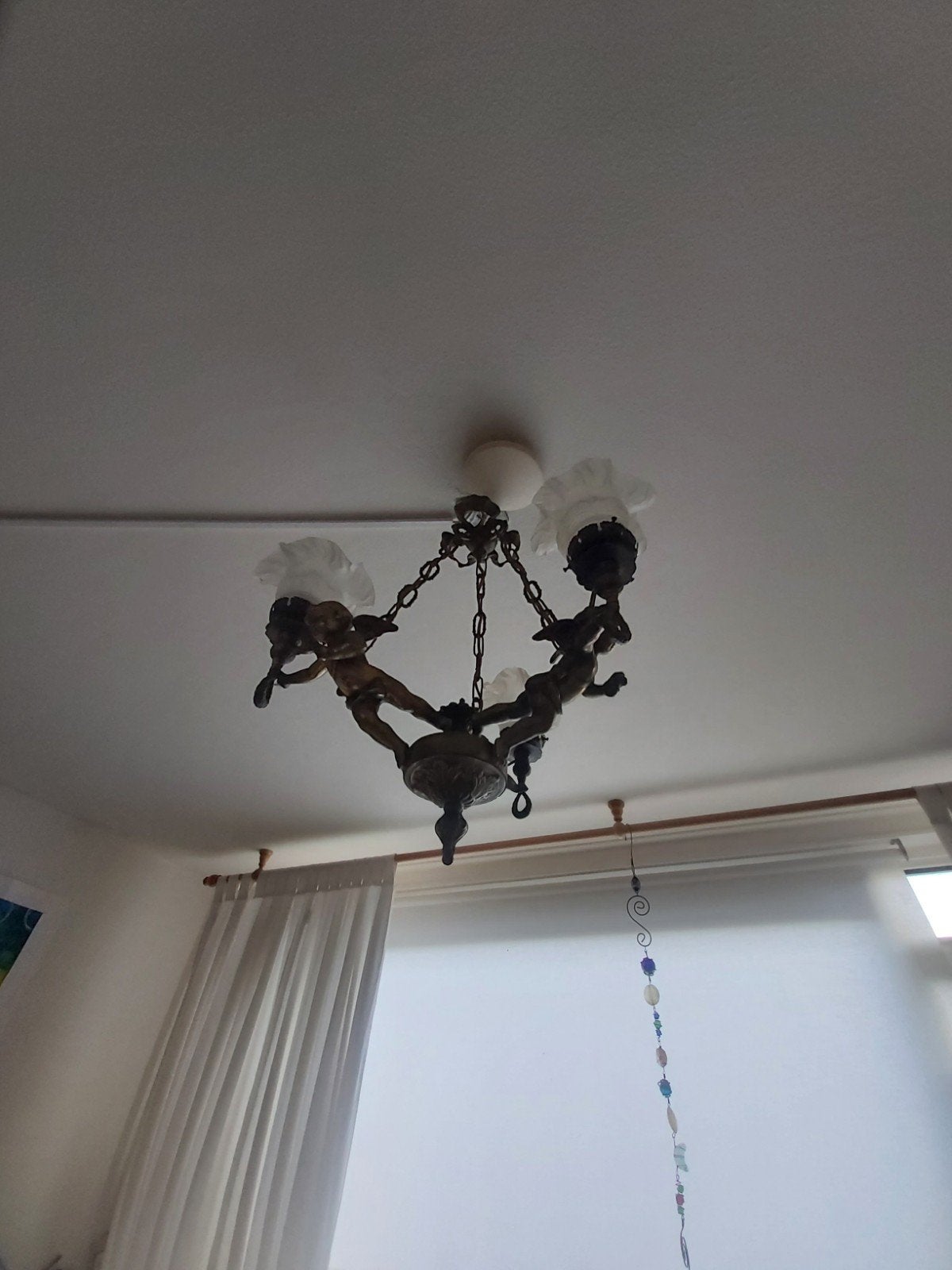 Gave antieke bronzen cupido lamp / met 3 engelen en glazen, Ophalen of Verzenden