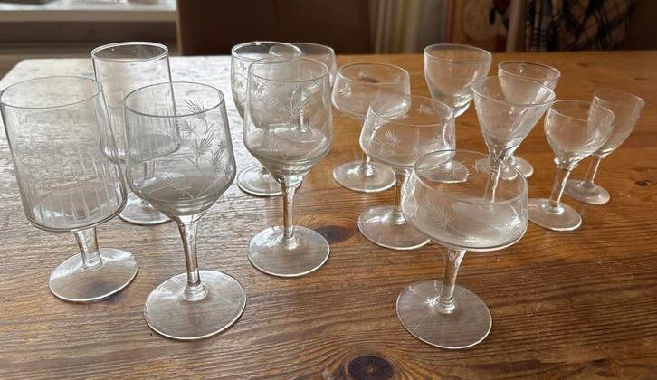 Set van 14 Vintage Gegraveerde Glazen, Ophalen of Verzenden
