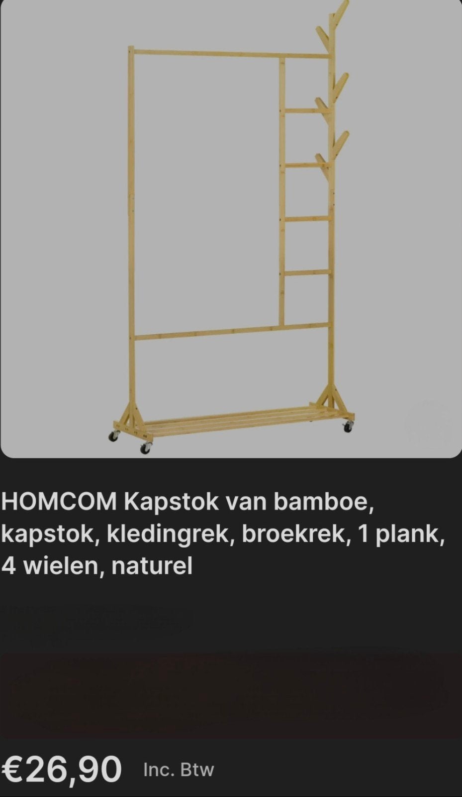 HOMCOM Bamboe Kapstok met Kledingrek en Wielen, Ophalen, Nieuw, Staande kapstok, 150 tot 200 cm