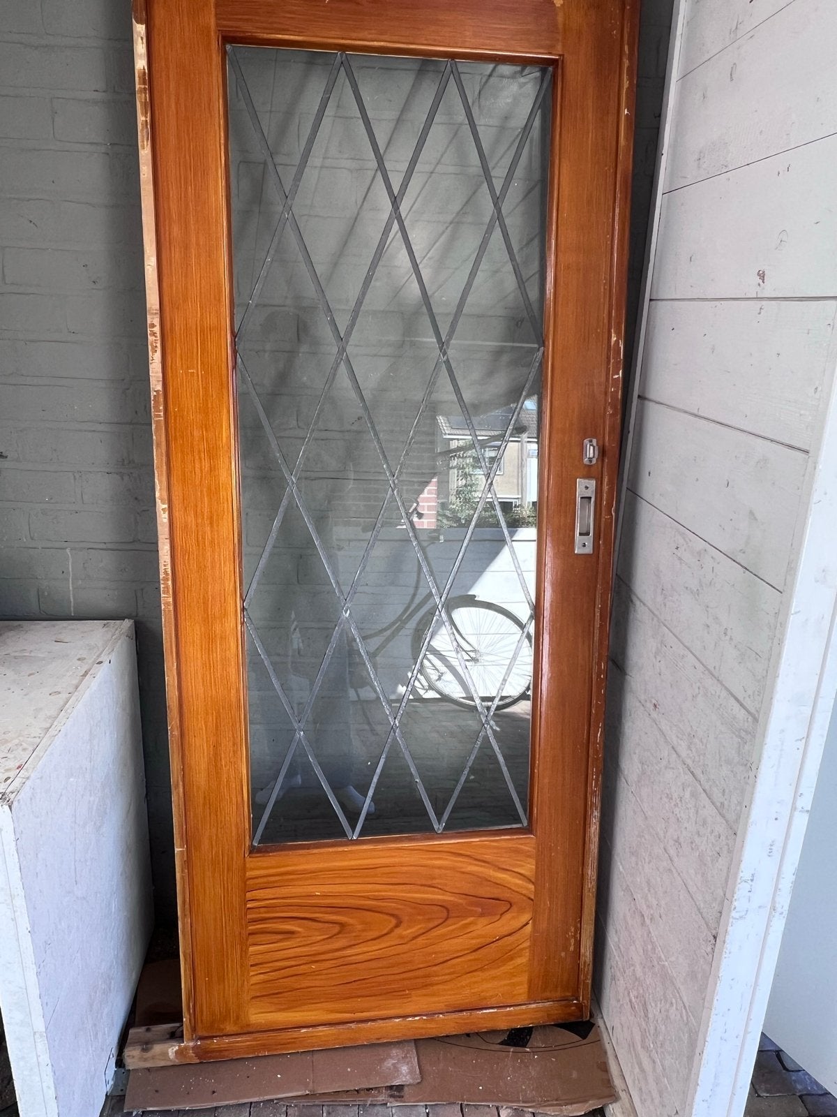 Houten ensuitdeur met glas in lood, Doe-het-zelf en Verbouw, Ophalen, Gebruikt, 80 tot 100 cm, Binnendeur