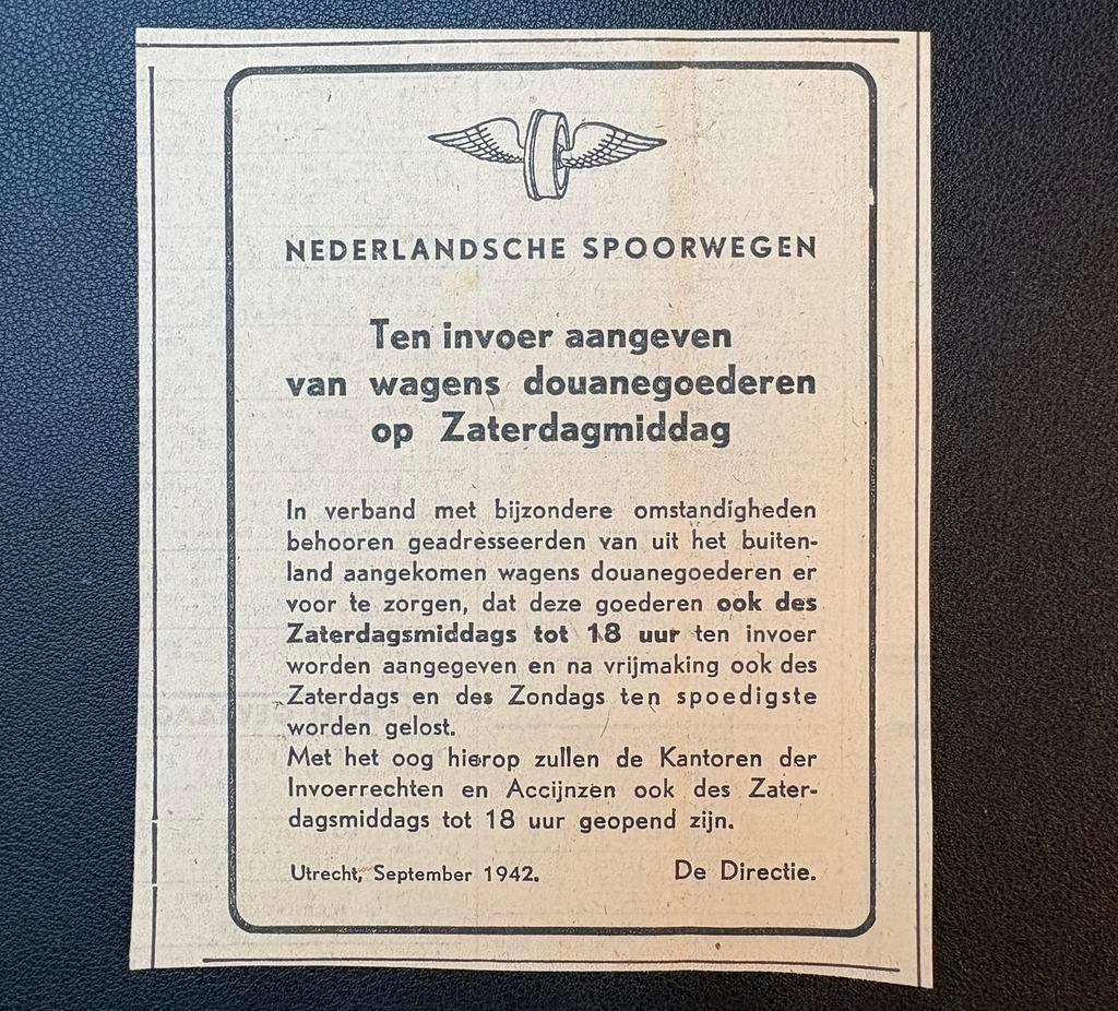 Oude advertentie NS ‘Douanegoederen op zaterdag’ (1942), Verzamelen, Ophalen of Verzenden, Gebruikt, Trein